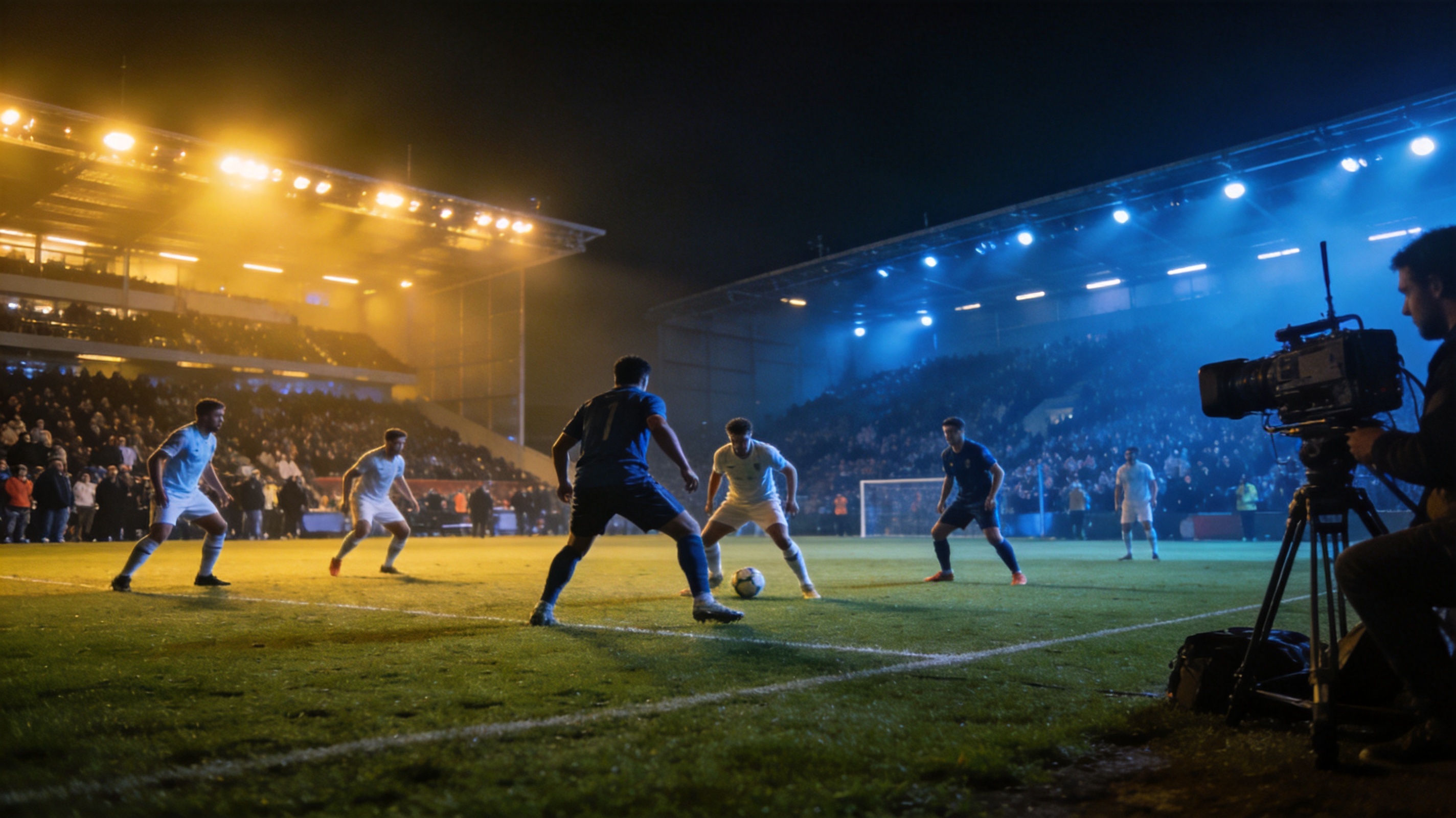 夜间足球比赛现场与球场灯光画面